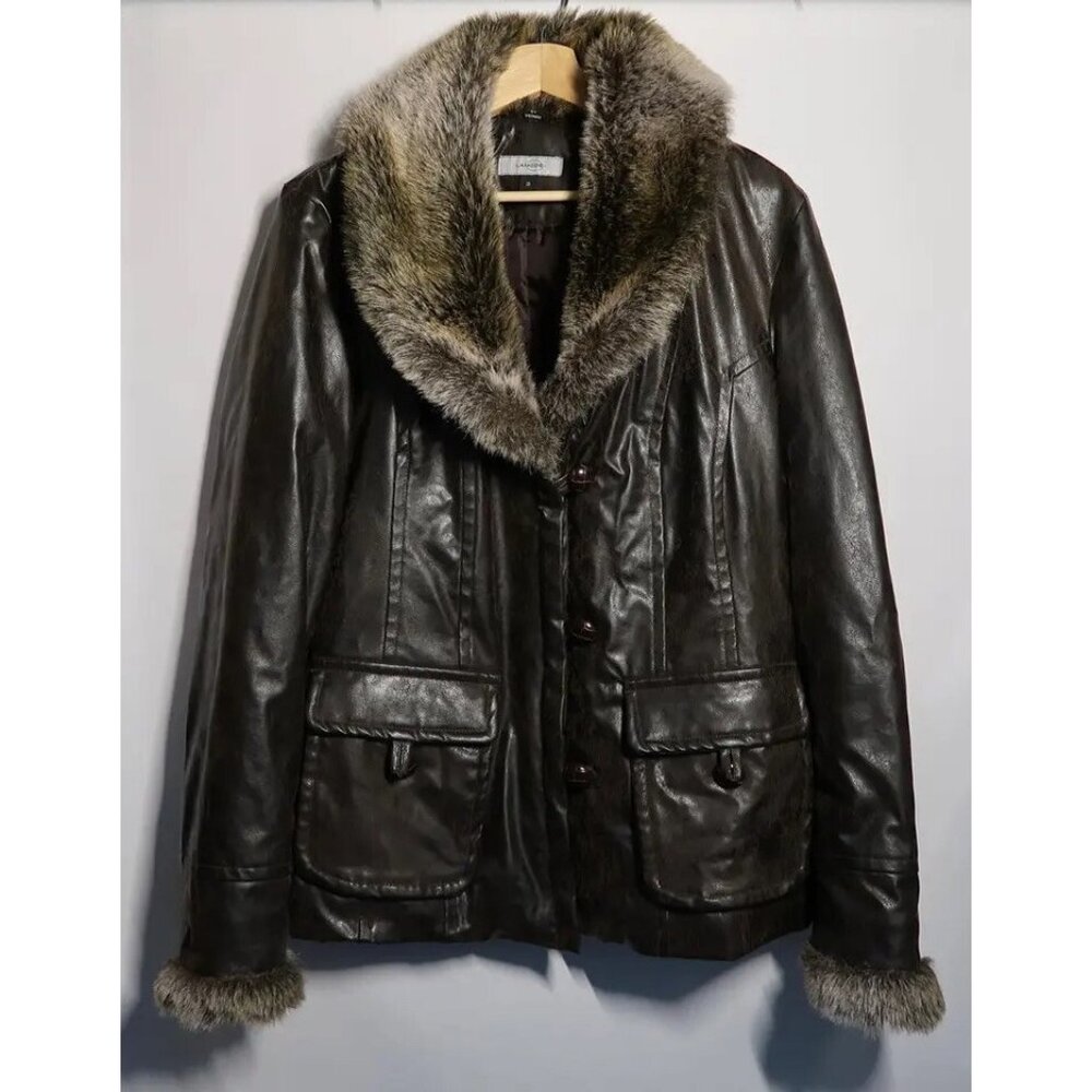 La Mode Womens Bomber Jacket Brown Buttons Pockets Faux Fur Trim V Neck Lined L
